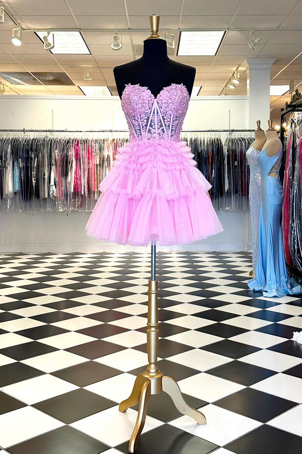 Pink Homecoming Dresses Corset Tiered Short A-Line Tulle Prom Dress with Lace