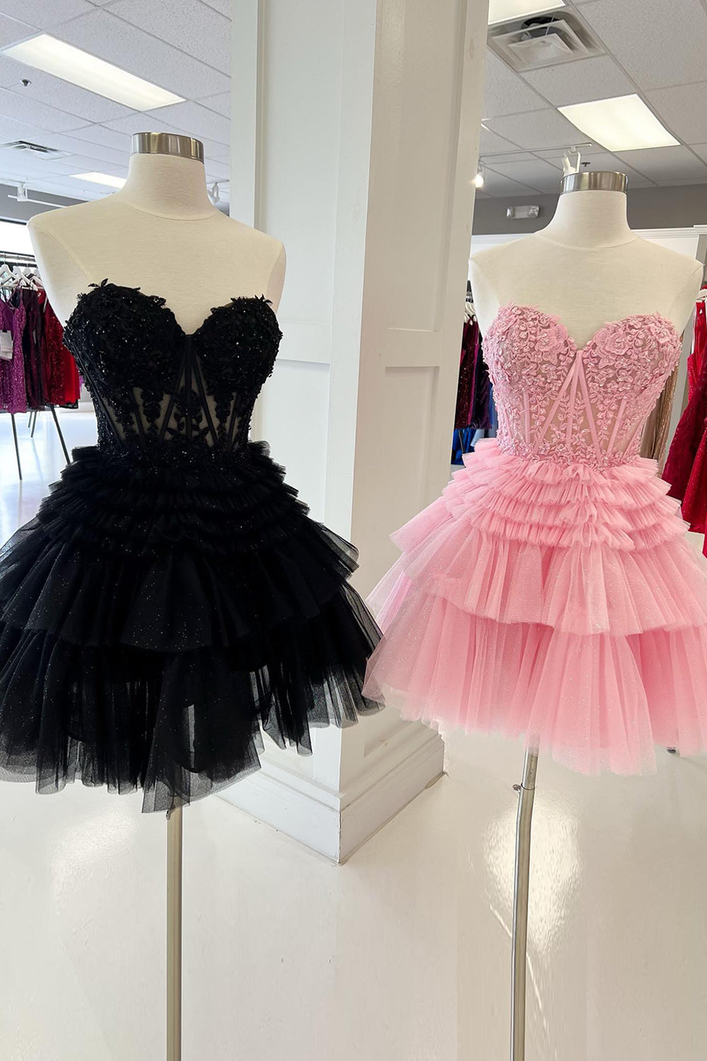 Pink Homecoming Dresses Corset Tiered Short A-Line Tulle Prom Dress with Lace