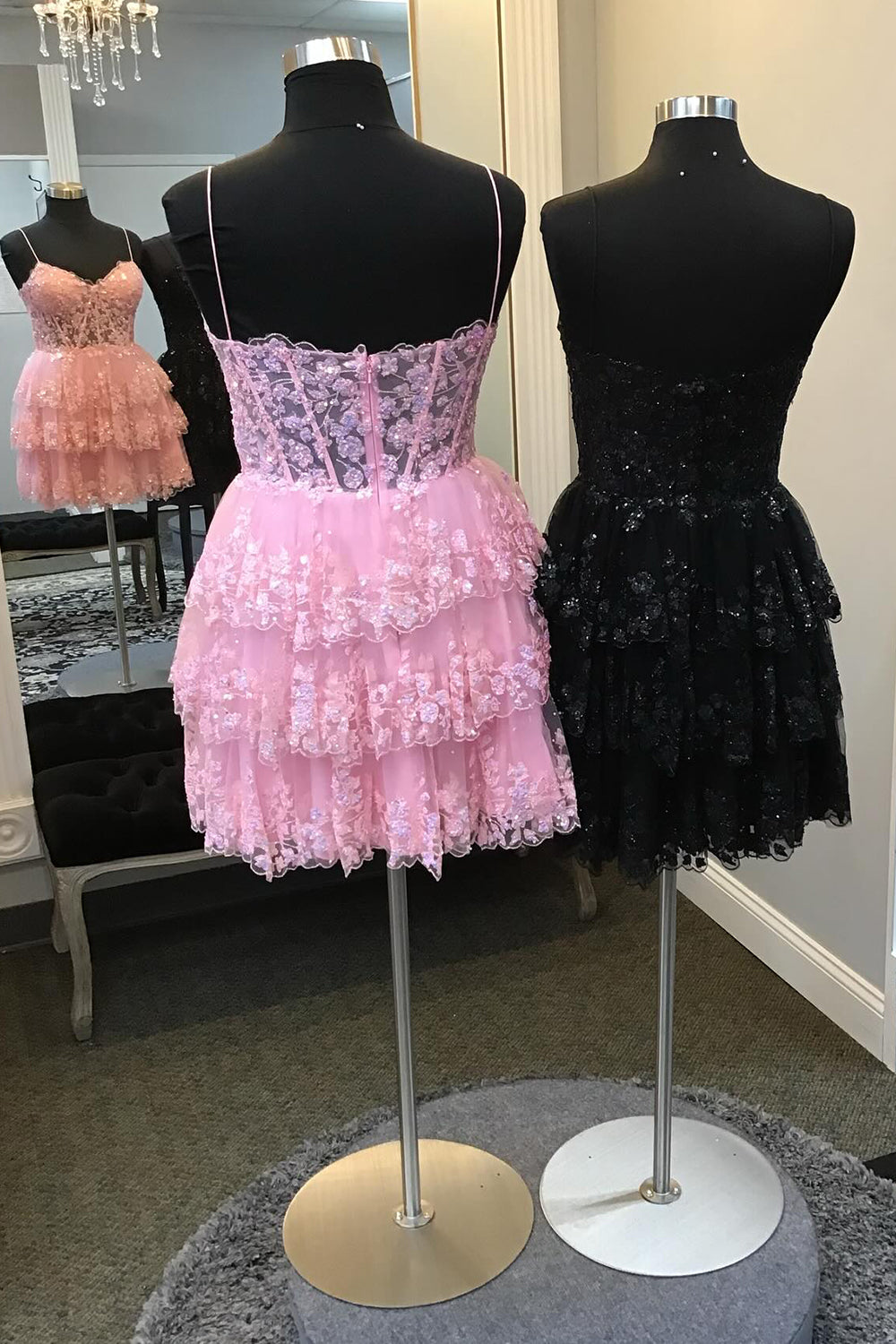 Pink Homecoming Dresses Corset Top Spaghetti Straps A-Line Lace Short Cocktail Dresses