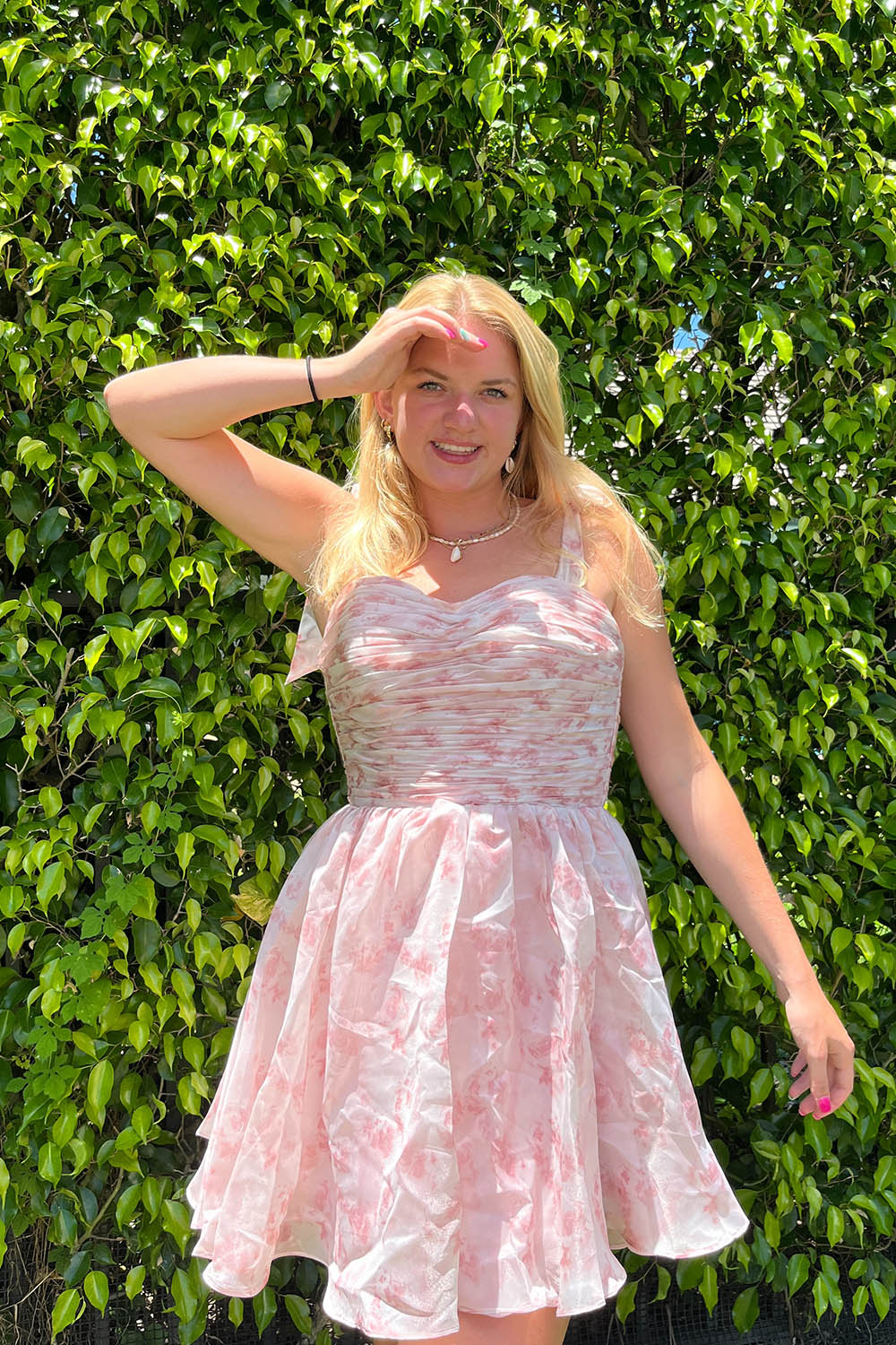 Pink Homecoming Dresses Floral Print A-Line Short Cocktail Dresses