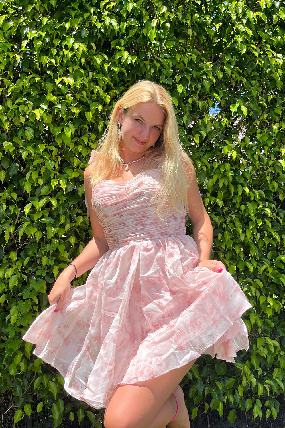Pink Homecoming Dresses Floral Print A-Line Short Cocktail Dresses