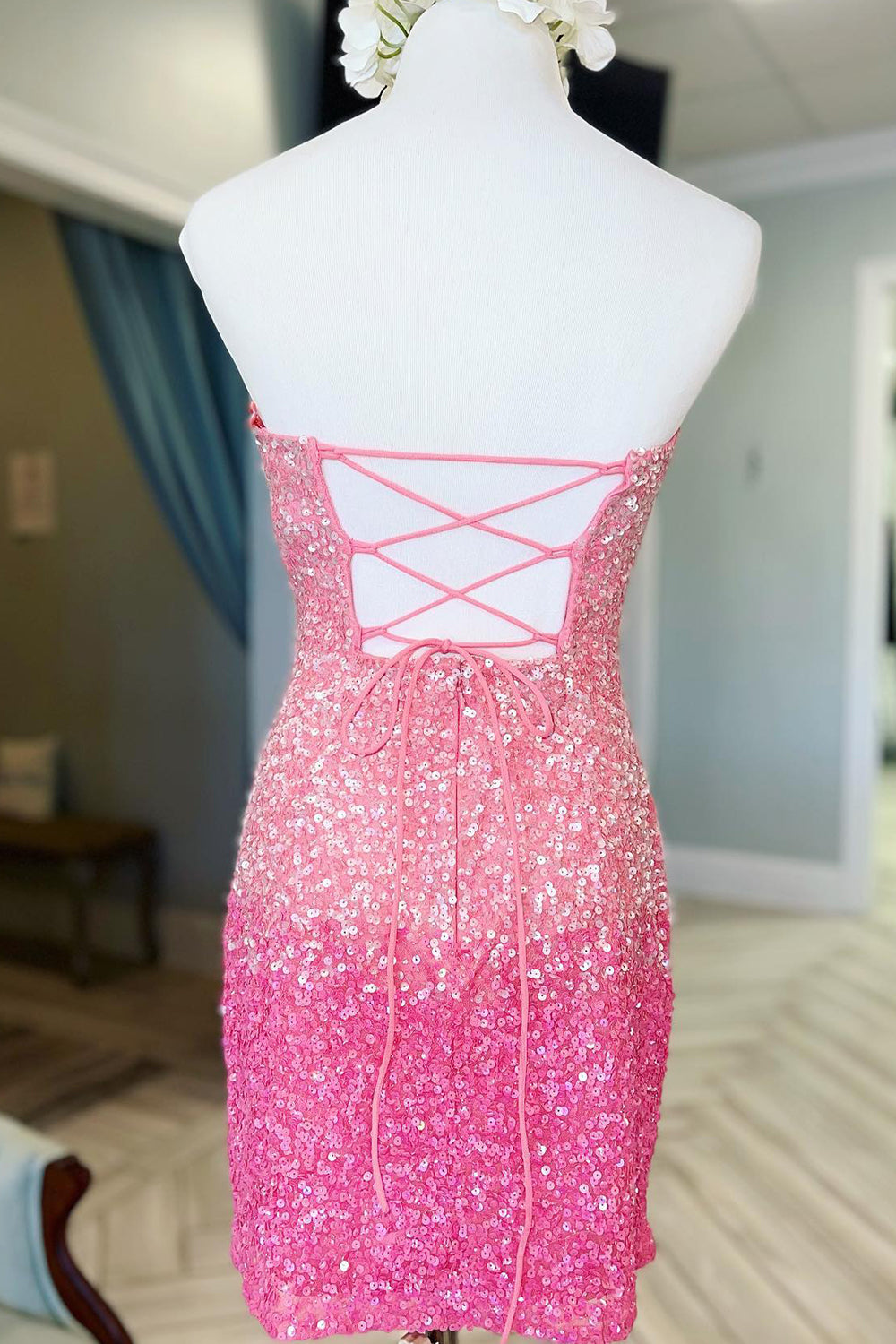 Pink Homecoming Dresses Ombre Sequin Tight Short Cocktail Dresses