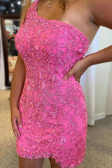 Pink Homecoming Dresses One Shoulder Lace Tight Short Cocktail Dresses with Beading