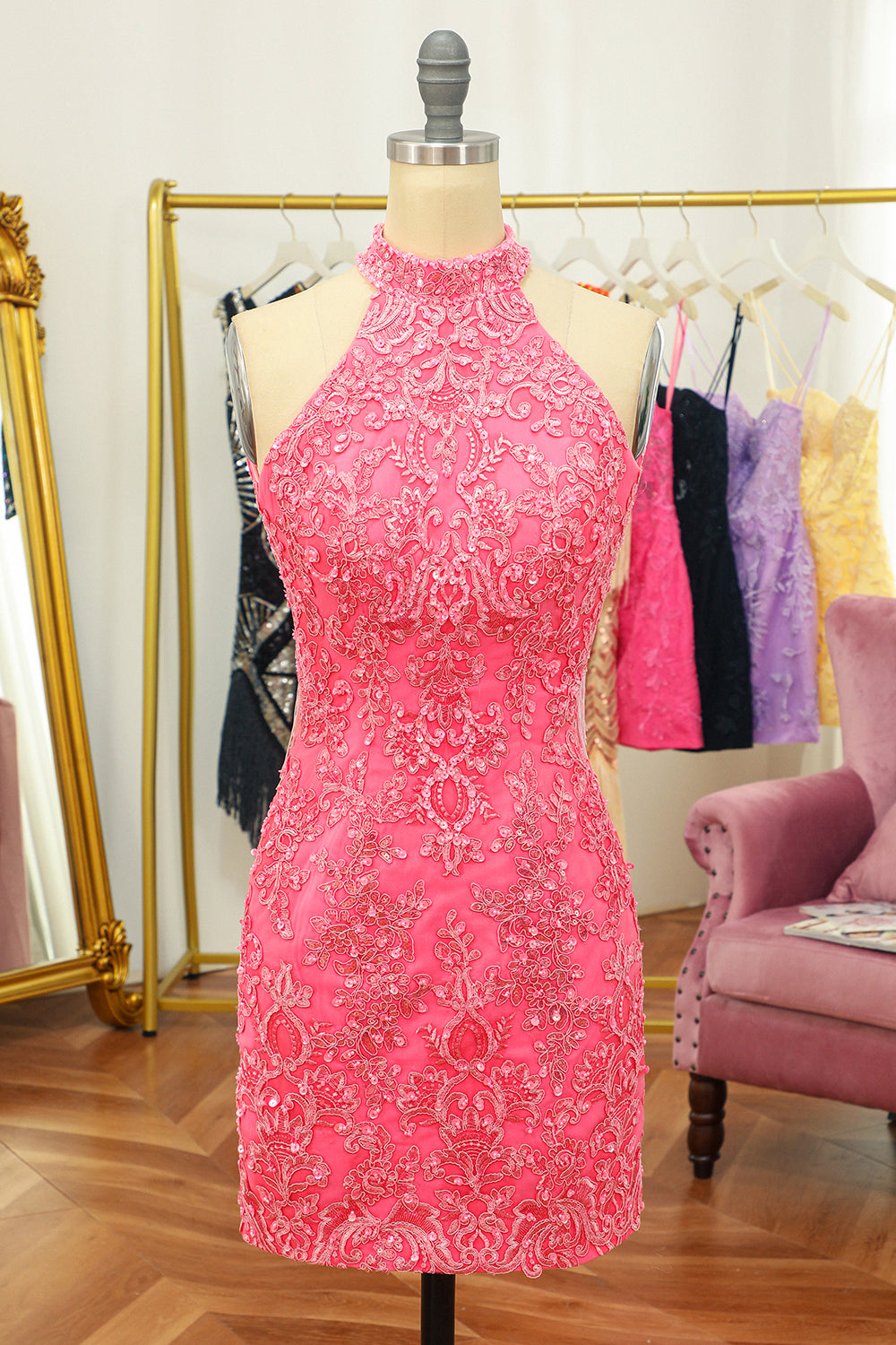 Pink Homecoming Dresses Open Back Halter Lace Tight Prom Dress