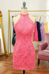 Pink Homecoming Dresses Open Back Halter Lace Tight Prom Dress