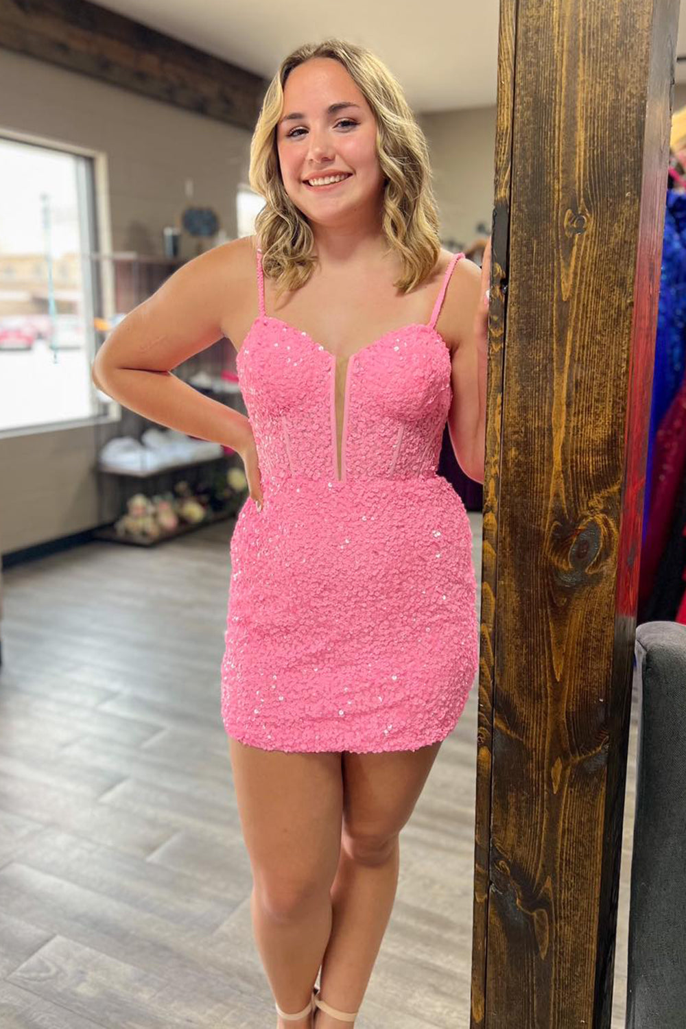 Pink Homecoming Dresses Sequin Corset Tight Short Cocktail Dresses