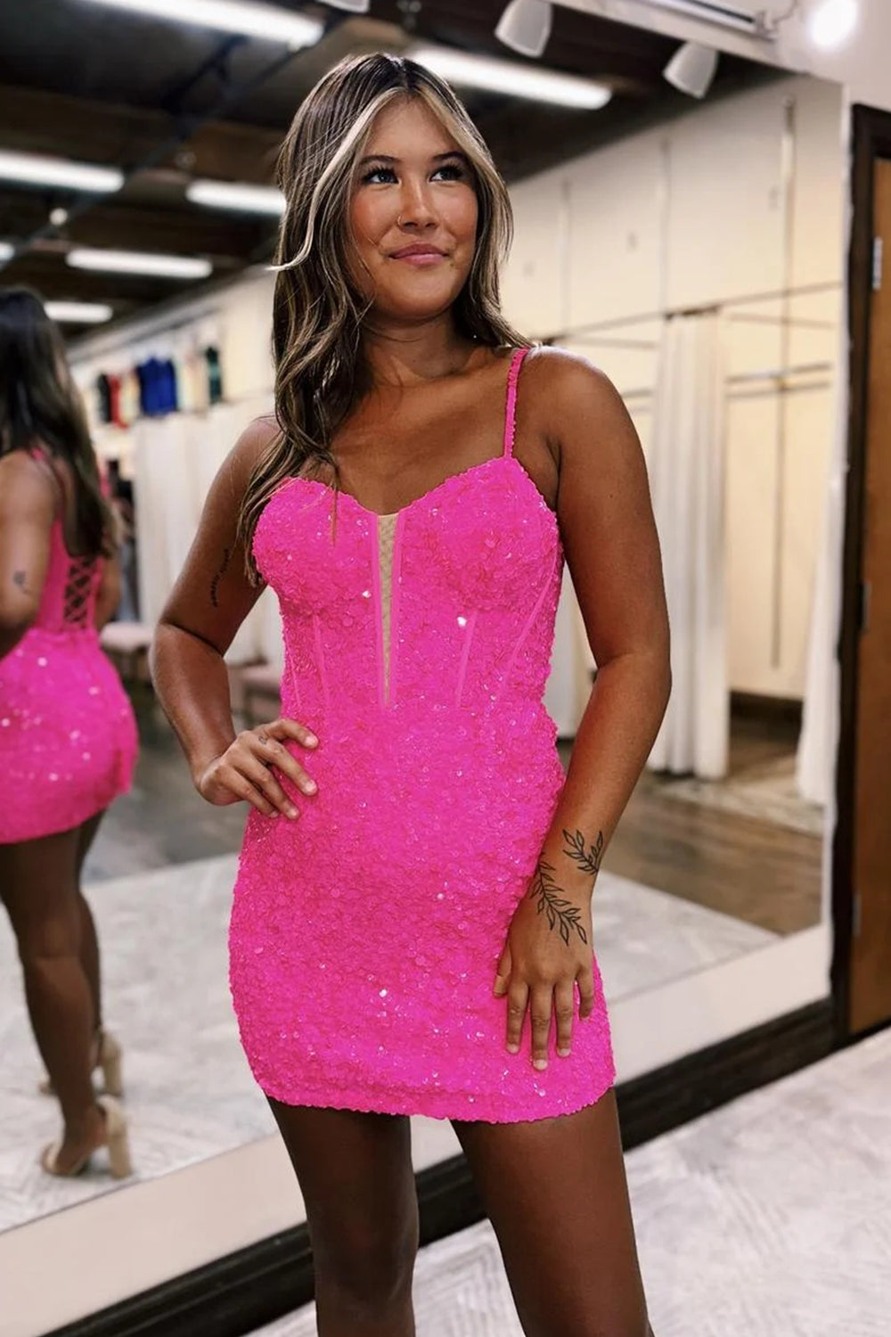 Pink Homecoming Dresses Sequin Corset Tight Short Cocktail Dresses