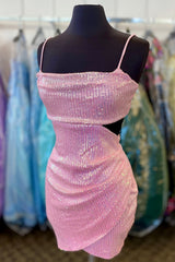Pink Homecoming Dresses Sequin Cut Out Tight Short Cocktail Dresses