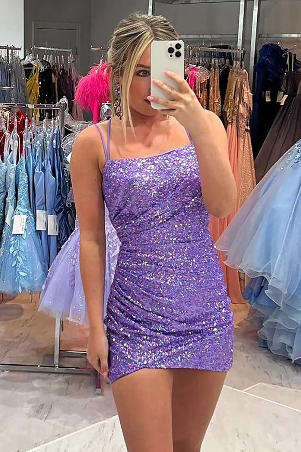 Pink Homecoming Dresses Sequin Spaghetti Straps Sleeveless Tight Short Cocktail Dresses