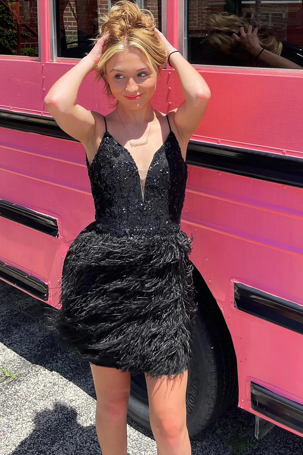 Pink Homecoming Dresses Sequin Tight Prom Dress with Feathers