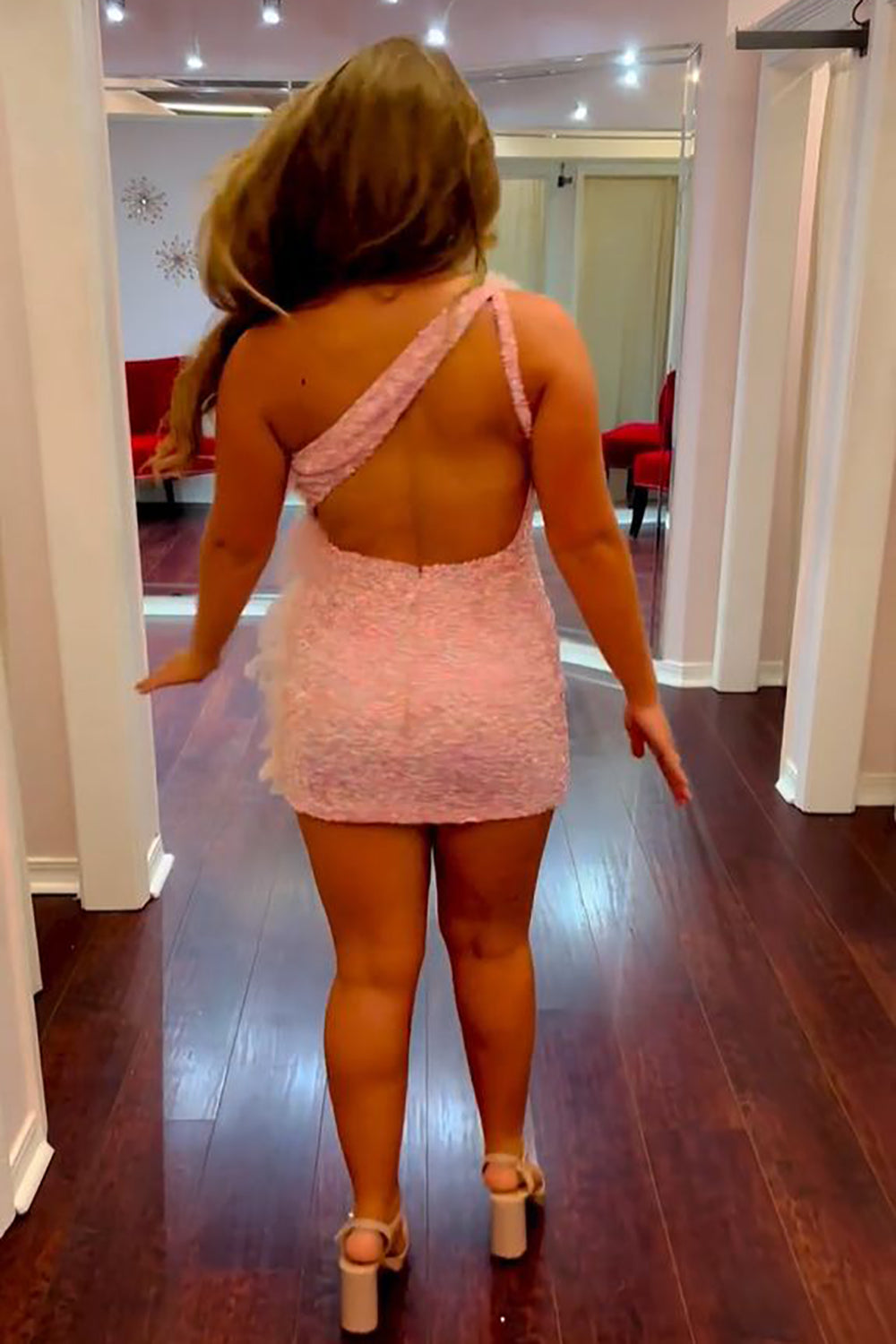Pink Homecoming Dresses Sequined Backless Tight Prom Dress with Feathers