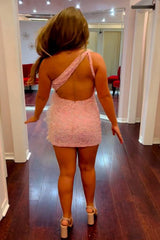 Pink Homecoming Dresses Sequined Backless Tight Prom Dress with Feathers