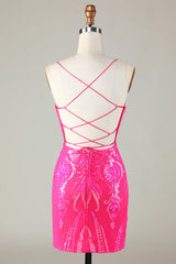 Pink Homecoming Dresses Spaghetti Straps Backless Tight Sequin Short Cocktail Dresses