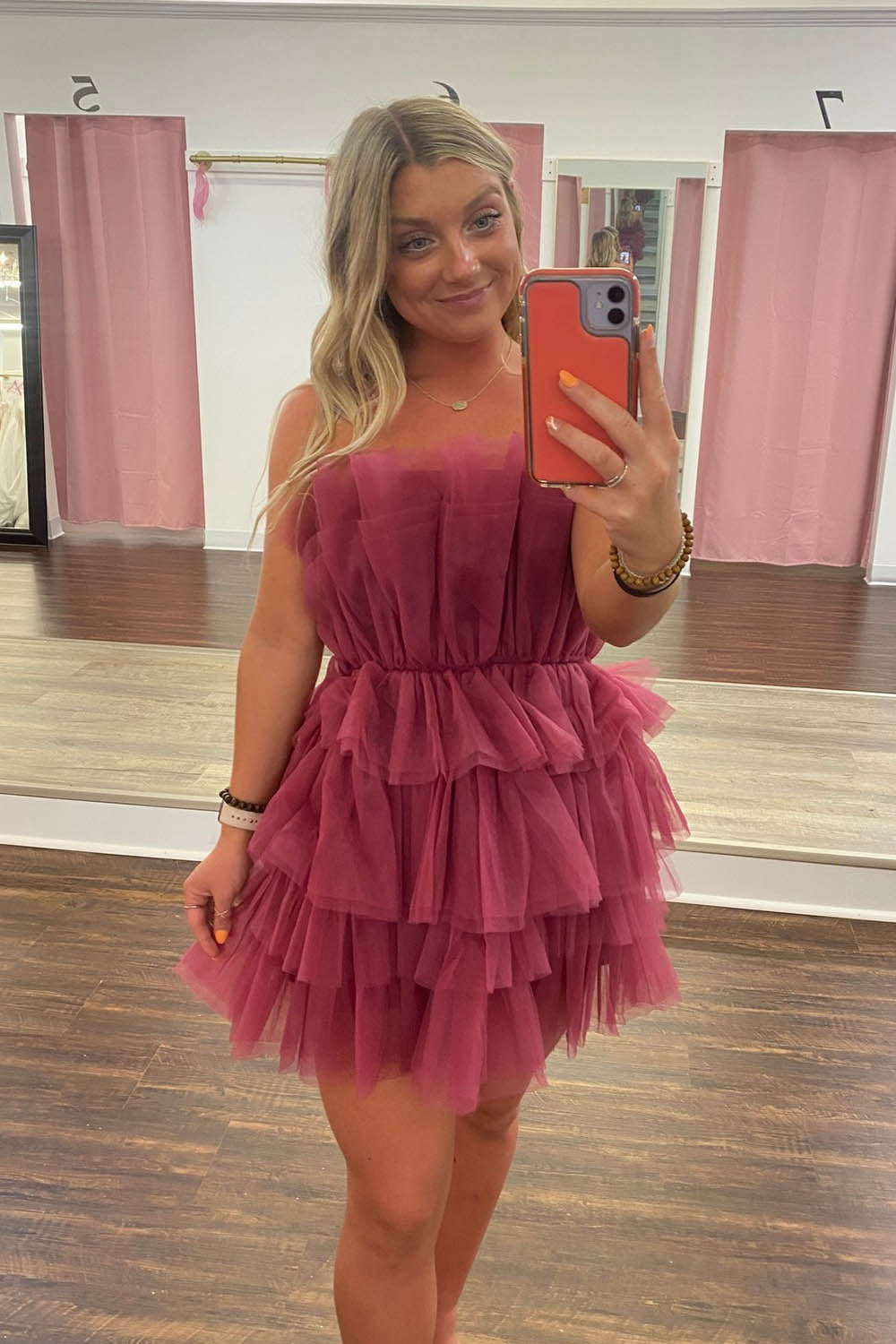 Pink Homecoming Dresses Strapless A-Line Tiered Tulle Short Cocktail Dresses