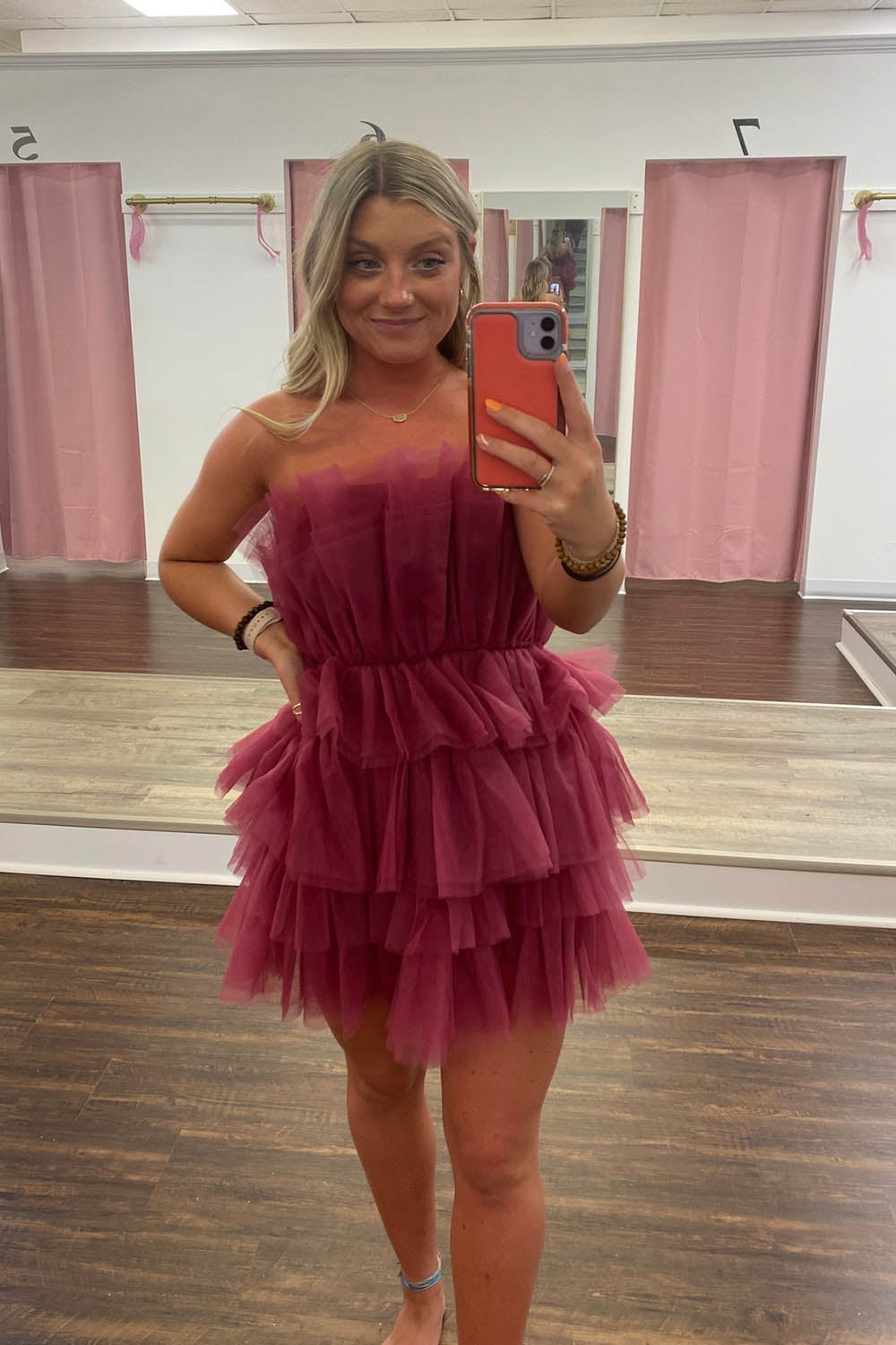Pink Homecoming Dresses Strapless A-Line Tiered Tulle Short Cocktail Dresses