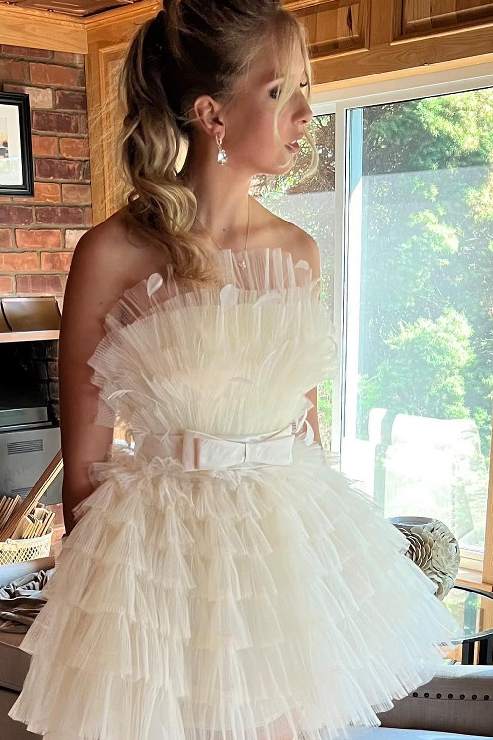 Pink Homecoming Dresses Strapless A-Line Tiered Tulle Short Cocktail Dresses