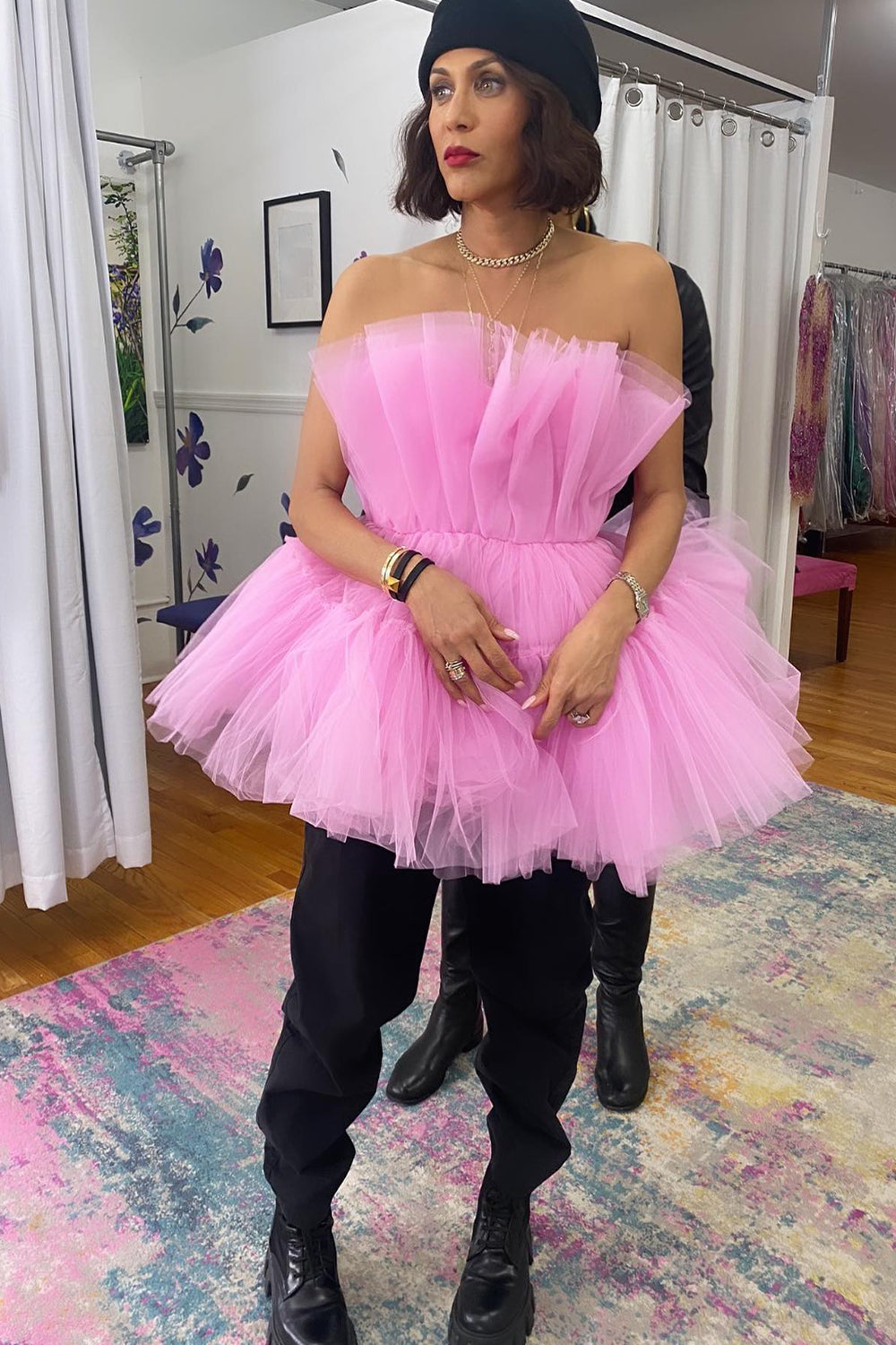 Pink Homecoming Dresses Strapless A-Line Tiered Tulle Short Cocktail Dresses