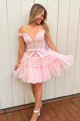 Pink Homecoming Dresses Tiered A-Line Tulle Short Cocktail Dresses with Lace