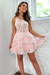 Pink Homecoming Dresses Tiered Lace One Shoulder Short Cocktail Dresses