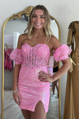 Pink Homecoming Dresses Tight Corset Sequined Short Cocktail Dresses with Lace