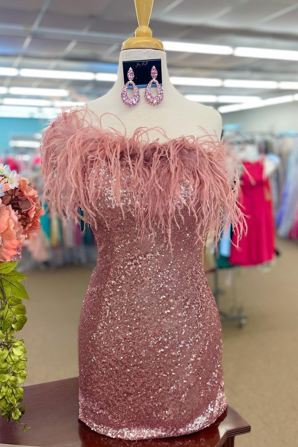 Pink Homecoming Dresses Tight Sequin Prom Dress with Feathers