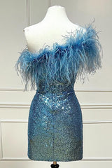 Pink Homecoming Dresses Tight Sequin Prom Dress with Feathers