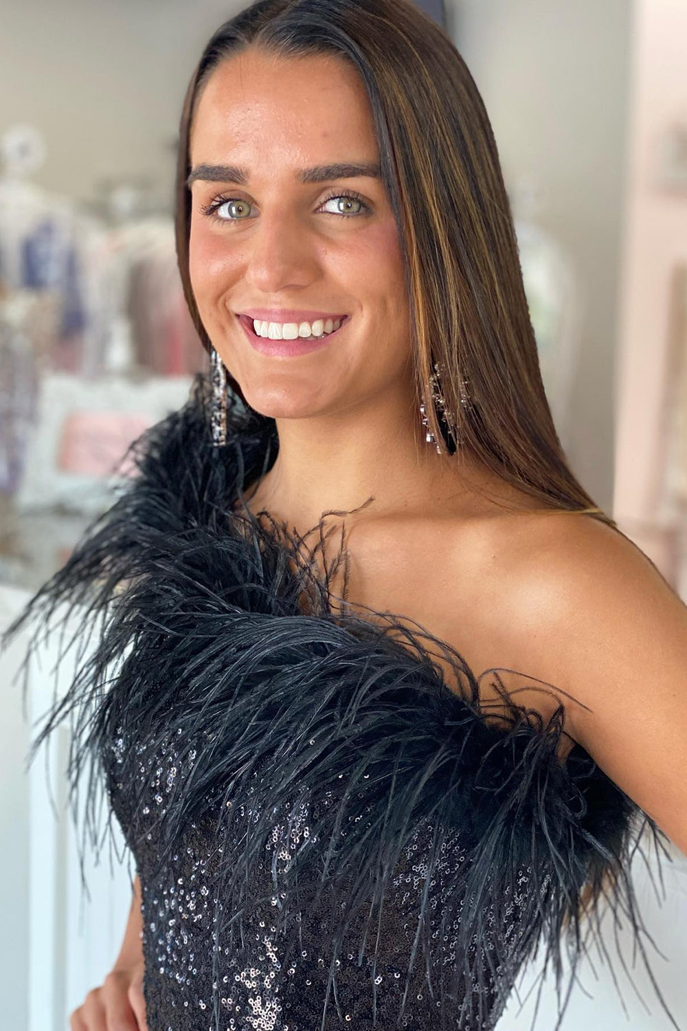 Pink Homecoming Dresses Tight Sequin Prom Dress with Feathers