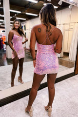 Pink Homecoming Dresses Tight Short Sequin Prom Dress with Slit