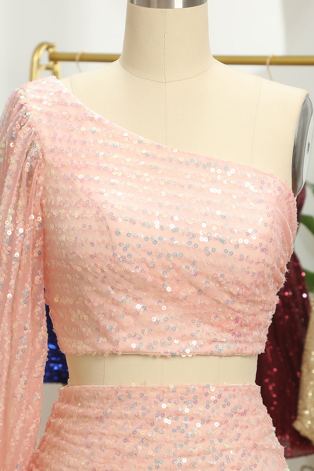 Pink Homecoming Dresses Two Piece Sequin Prom Dress