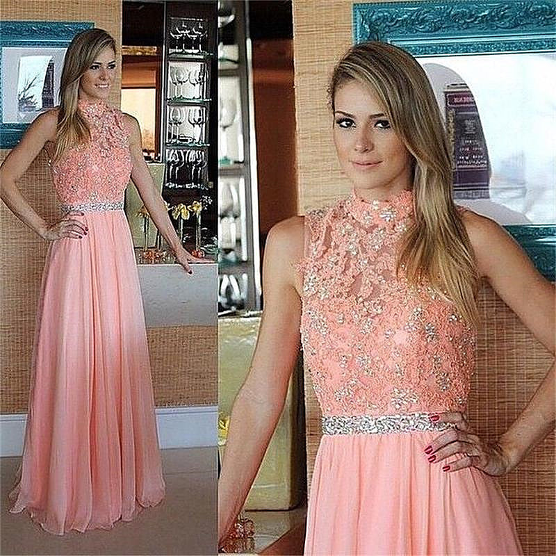 Pink Lace Chiffon Prom Dress High Neck Evening Dress with Crystal Belt