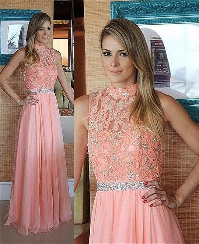 Pink Lace Chiffon Prom Dress High Neck Evening Dress with Crystal Belt