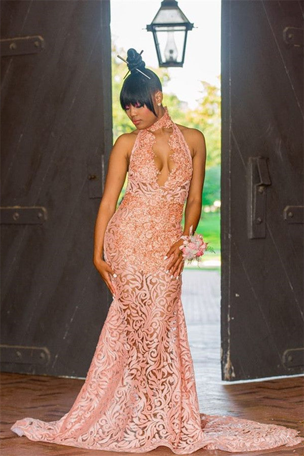 Pink Lace Halter Mermaid Prom Dresses | Sexy Backless Sleeveless Evening Gowns