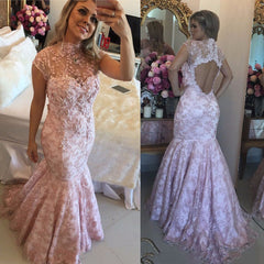 Pink Lace High-Neck Evening Dresses | Cap-Sleeves Beaded Open-Back Prom Dresses