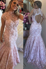 Pink Lace High-Neck Evening Dresses | Cap-Sleeves Beaded Open-Back Prom Dresses