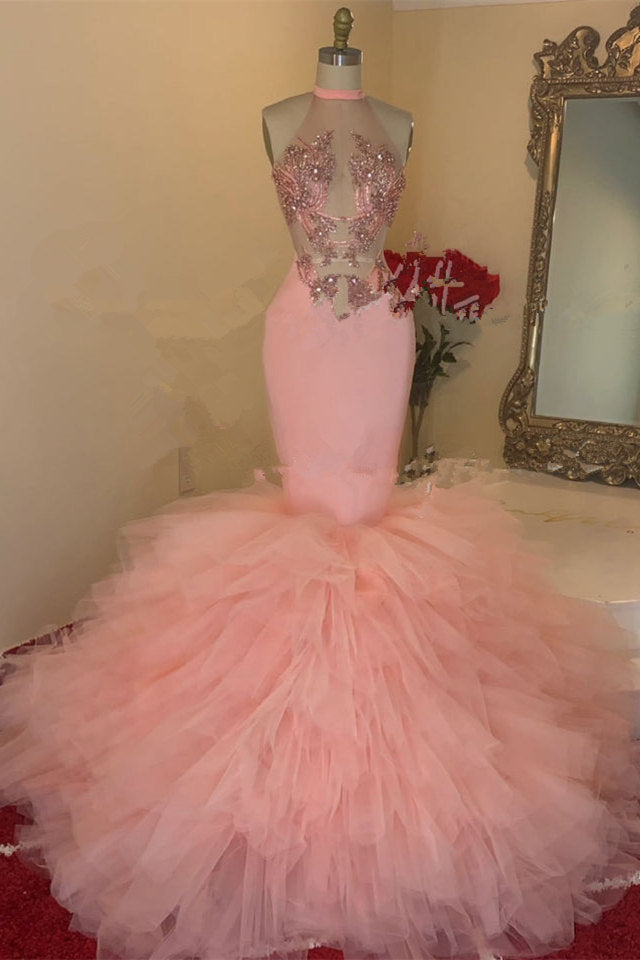 Pink Lace High Neck Sleeveless Floor-length Mermaid Prom Dresses