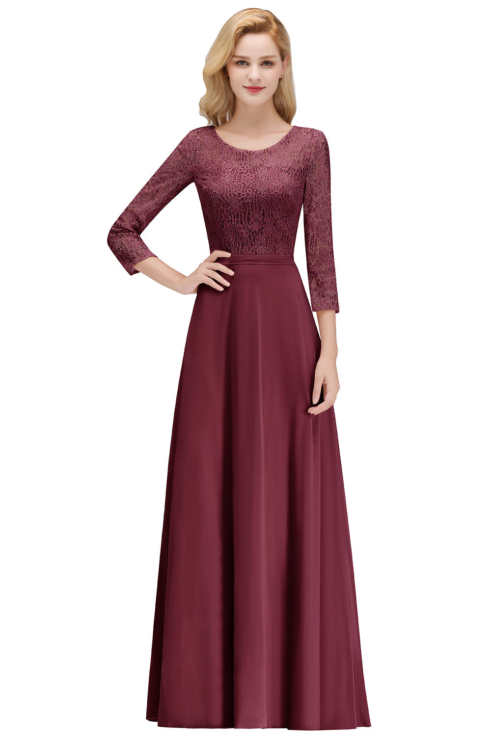 Pink Lace Long Evening Dresses with Sleeves | A-Line Scoop Bridesmaid Dresses