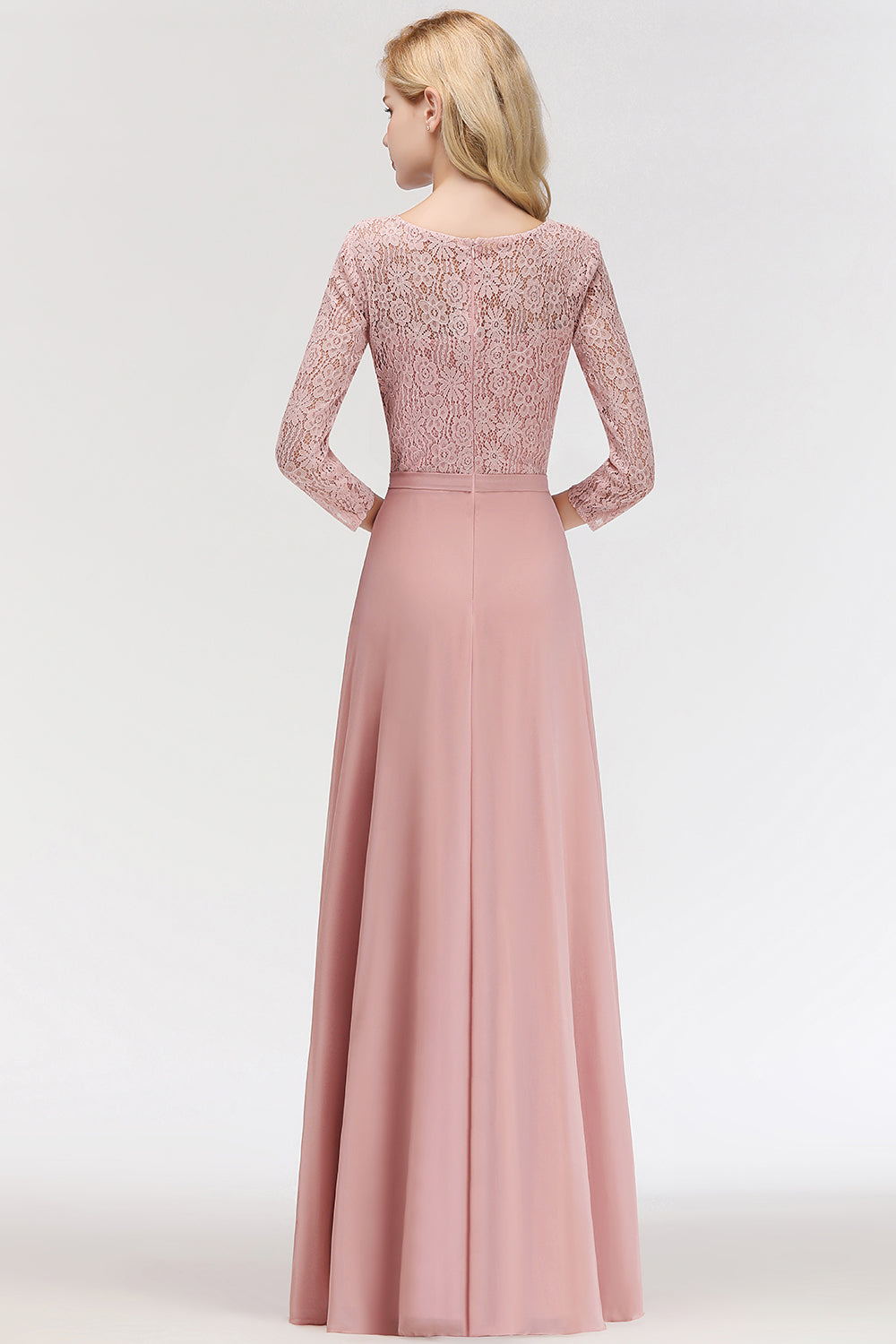 Pink Lace Long Evening Dresses with Sleeves | A-Line Scoop Bridesmaid Dresses