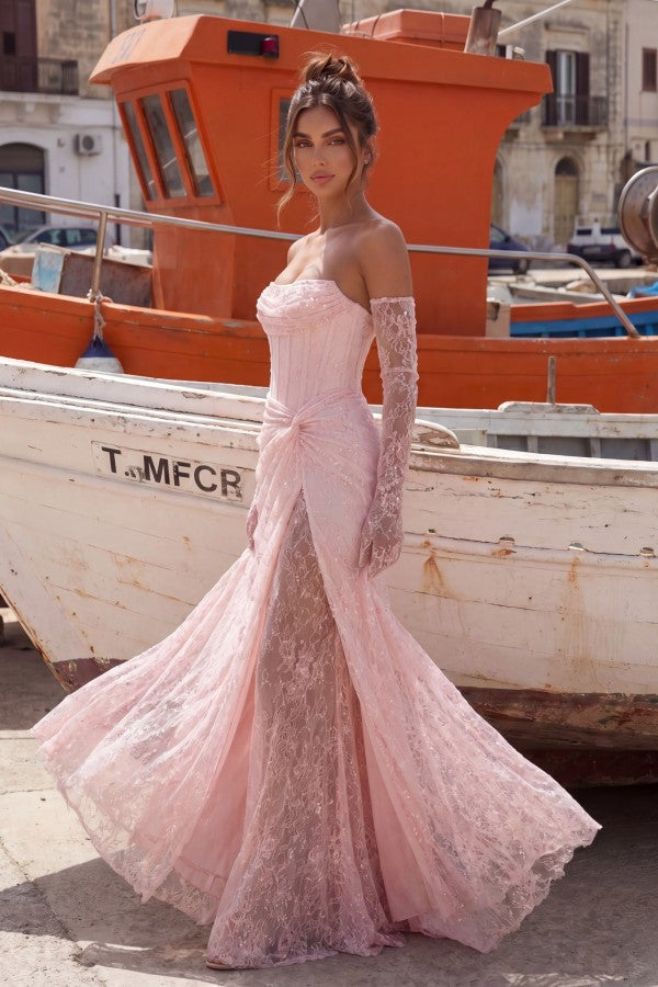 Pink Lace Mermaid Prom Dress with Twist Knot Waist and Lace-Up Back