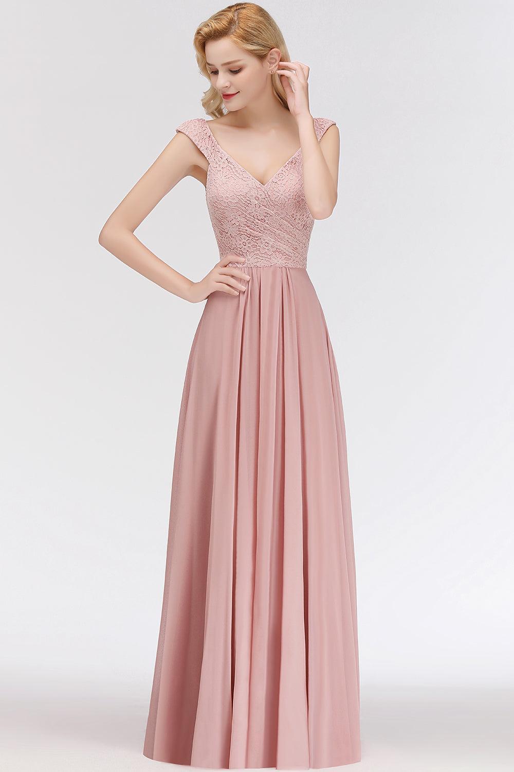 Pink Lace Straps Bridesmaid Dresses Floor Length Sleeveless Evening Dresses Online