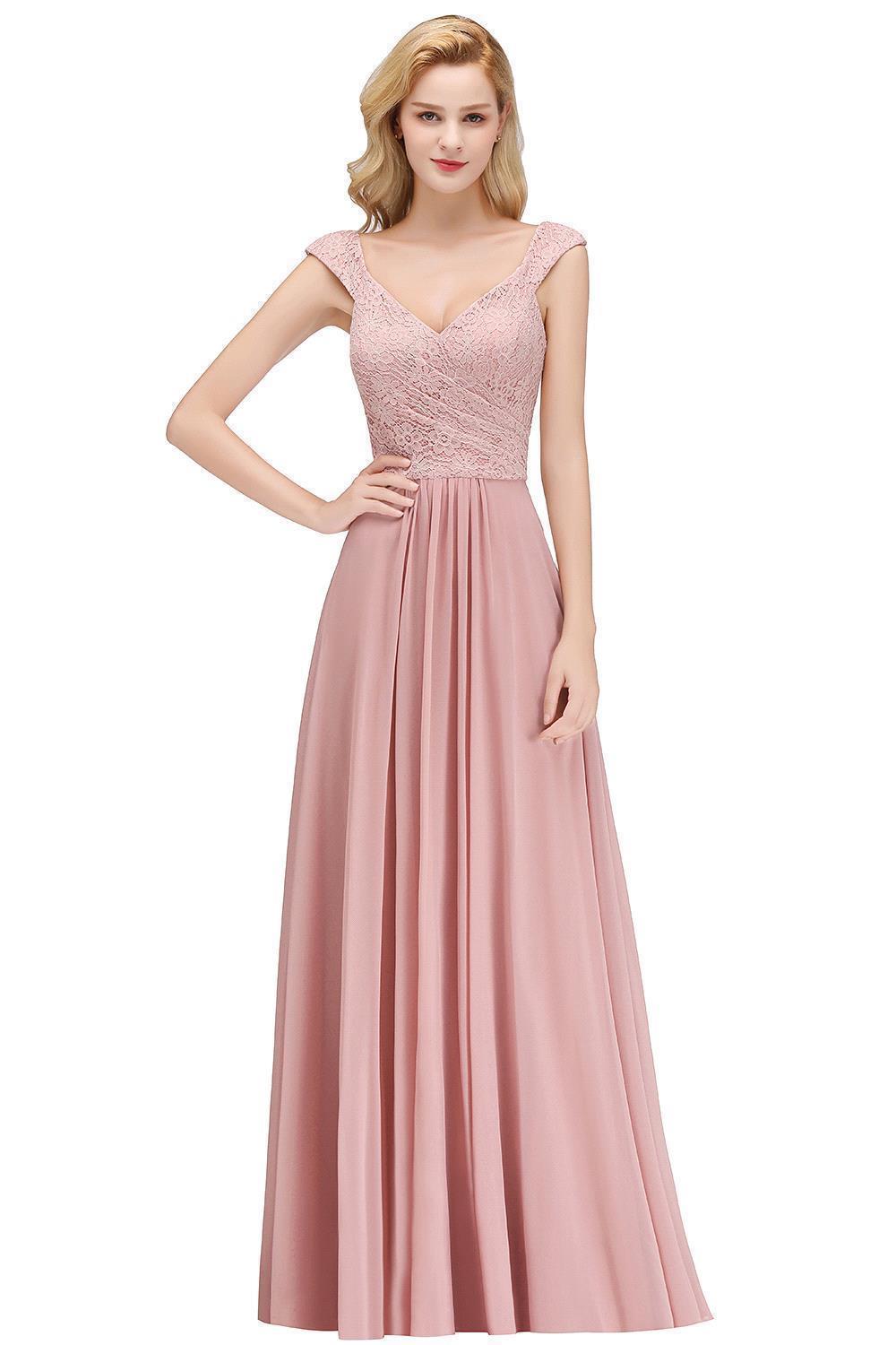 Pink Lace Straps Bridesmaid Dresses Floor Length Sleeveless Evening Dresses Online