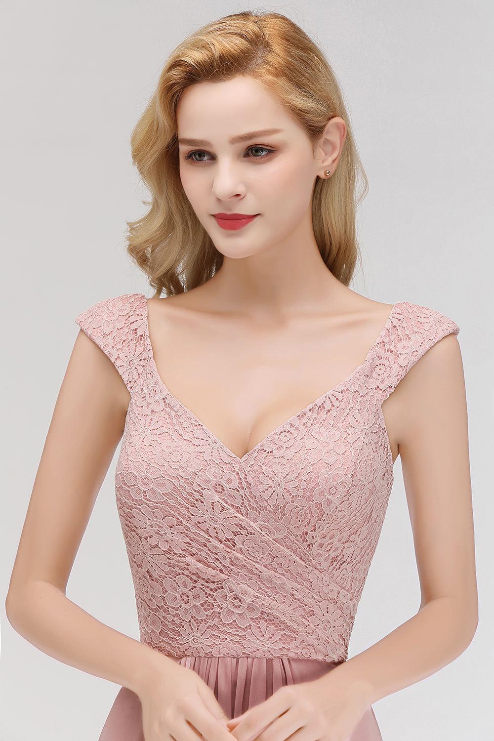 Pink Lace Straps Bridesmaid Dresses Floor Length Sleeveless Evening Dresses Online