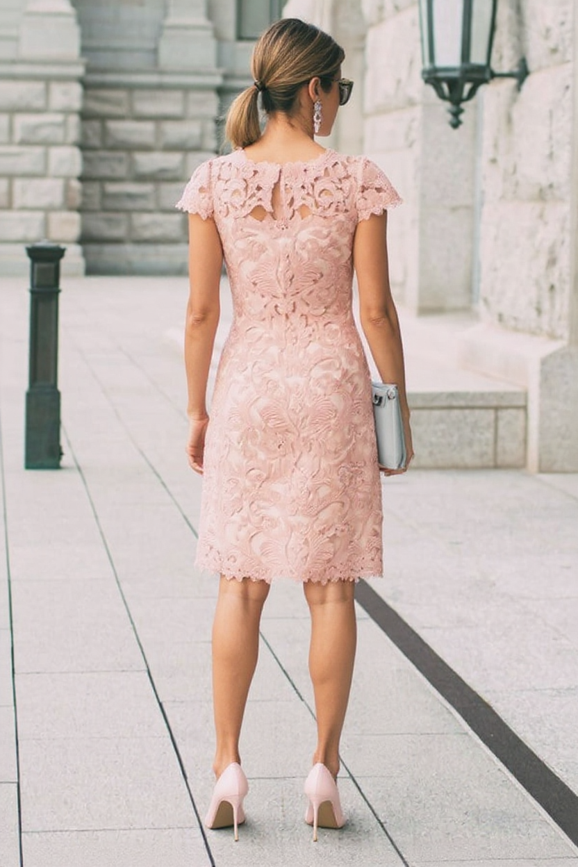 Pink Lace Wedding Guest Dress Sheath/Column Short Sleeve Mother of the Bride Dress