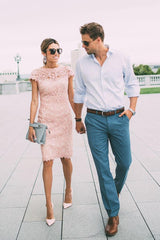 Pink Lace Wedding Guest Dress Sheath/Column Short Sleeve Mother of the Bride Dress