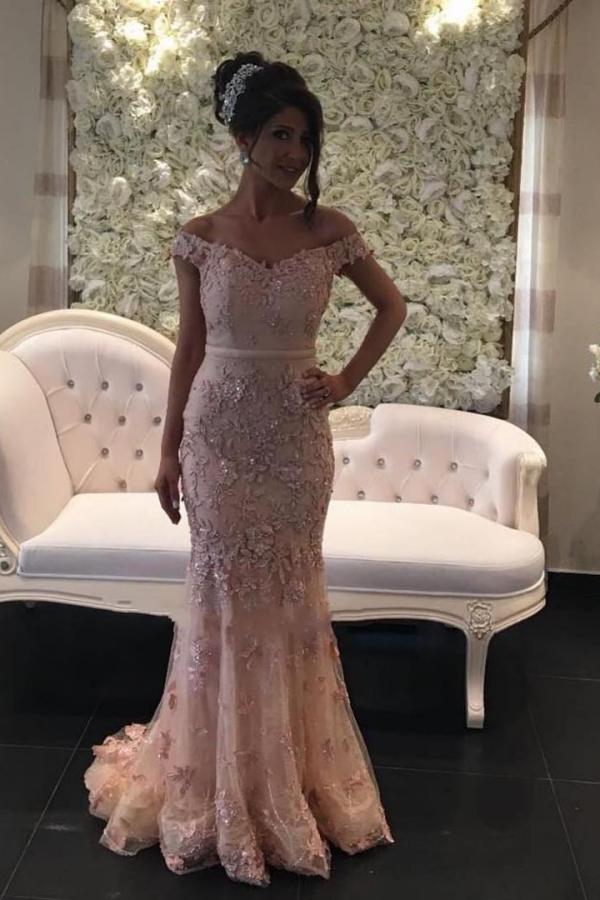 Pink Long Off-the-shouder Glitter Lace Mermaid Prom Dresses