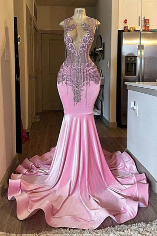 Pink Mermaid Beaded Floor Length Prom Party Dresses