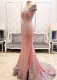 Pink Mermaid Crystals Evening Dress Beading Luxurious Formal Dresses