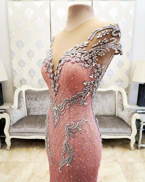 Pink Mermaid Crystals Evening Dress Beading Luxurious Formal Dresses