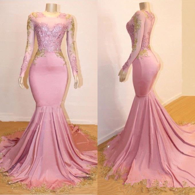 Pink Mermaid Long Sleeves Prom Dresses | Gold Appliques Evening Dresses Online