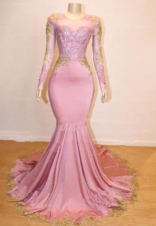 Pink Mermaid Long Sleeves Prom Dresses | Gold Appliques Evening Dresses Online