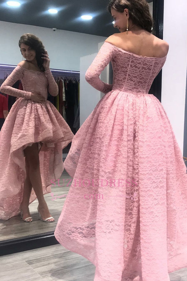 Pink Off Shoulder Zipper Hi-Lo Evening Dresses | Long-Sleeves Prom Dress